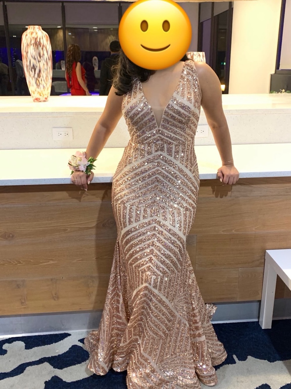 Sequin V-Neck Evening Gown in Rose Gold
